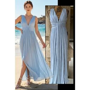 Lulus Melitta Light Blue Plisse Sash Maxi Dress Size M